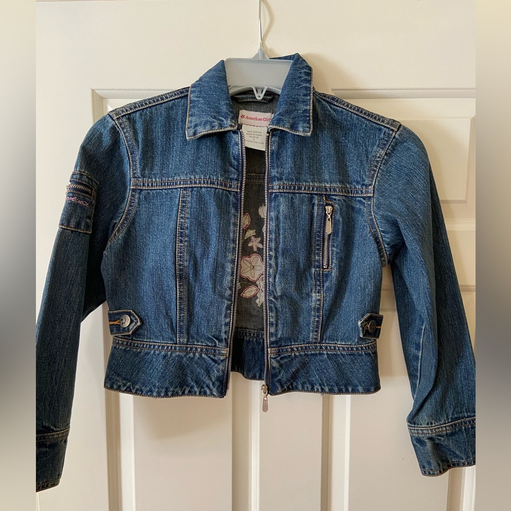 Original American Girl girls Jean jacket with flowers stitched on back